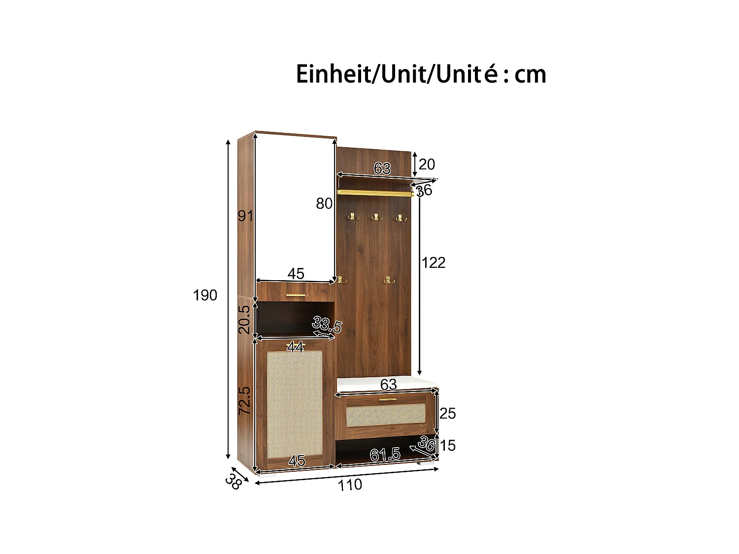 Ensemble vestiaire d'entrée 110x38x190cm - avec miroir et 6 patères - Meuble à chaussures et banc à chaussures - avec LED - Marron