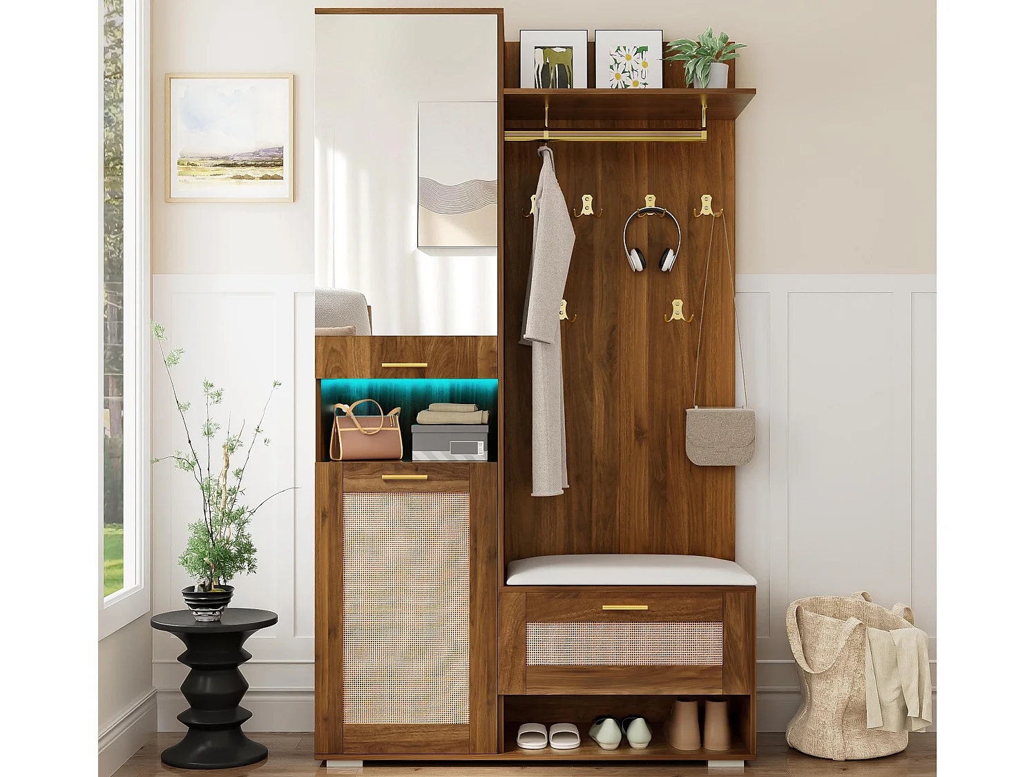 Garderobenset für den Eingang 110x38x190 cm - mit Spiegel und 6 Kleiderhaken - Schuhschrank und Schuhbank - mit LED - Braun