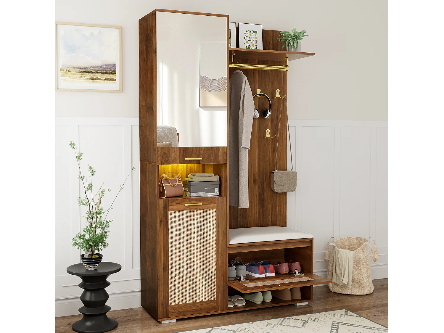 Garderobenset für den Eingang 110x38x190 cm - mit Spiegel und 6 Kleiderhaken - Schuhschrank und Schuhbank - mit LED - Braun