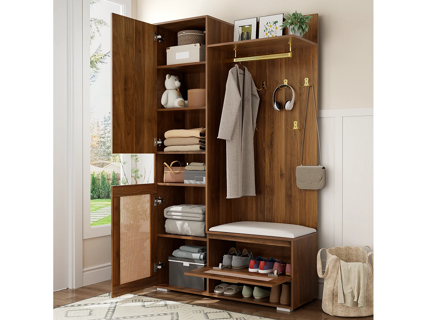 Garderobenset für den Eingang 110x38x190 cm - mit Spiegel und 6 Kleiderhaken - Schuhschrank und Schuhbank - mit LED - Braun