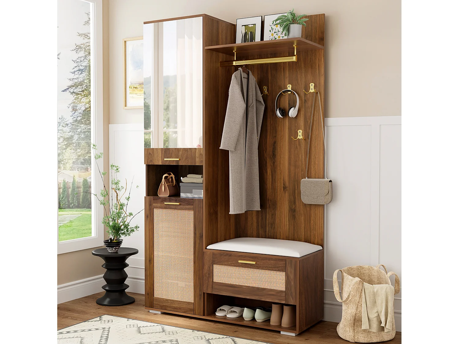 Garderobenset für den Eingang 110x38x190 cm - mit Spiegel und 6 Kleiderhaken - Schuhschrank und Schuhbank - mit LED - Braun