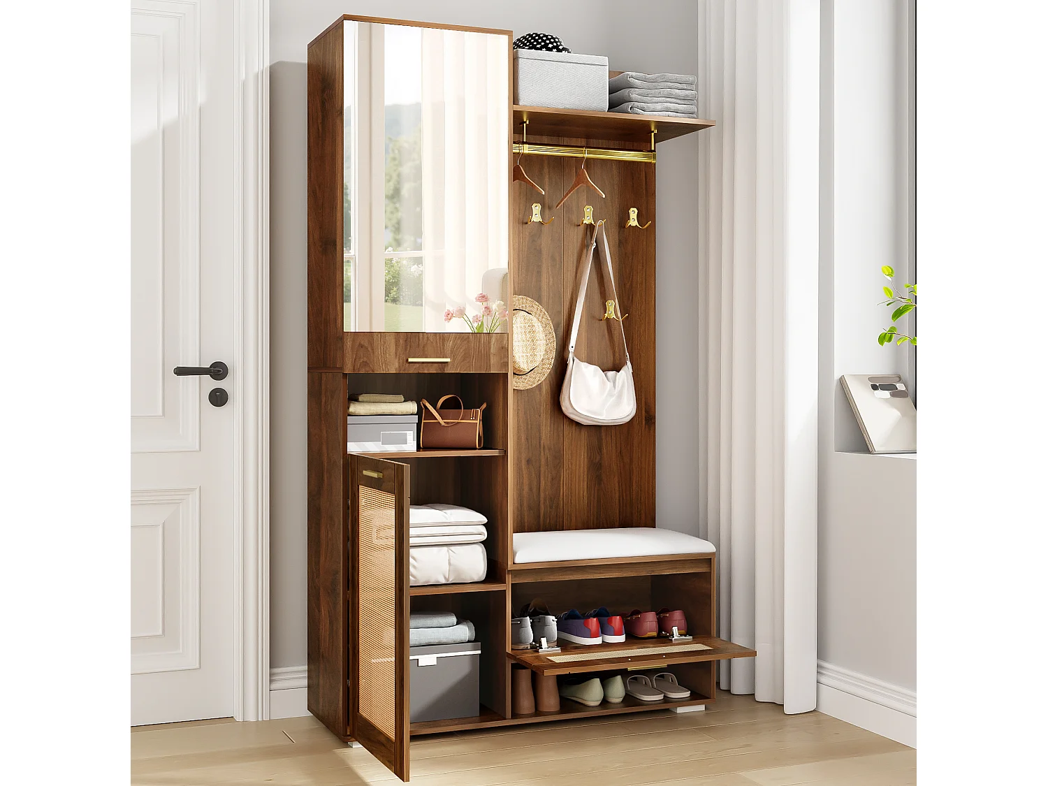 Garderobenset für den Eingang 110x38x190 cm - mit Spiegel und 6 Kleiderhaken - Schuhschrank und Schuhbank - mit LED - Braun