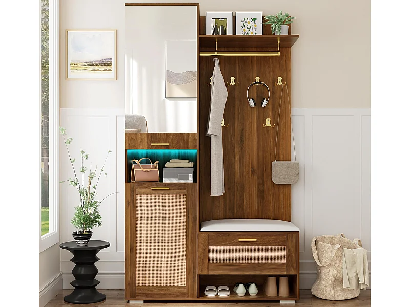 Garderobenset für den Eingang 110x38x190 cm - mit Spiegel und 6 Kleiderhaken - Schuhschrank und Schuhbank - mit LED - Braun