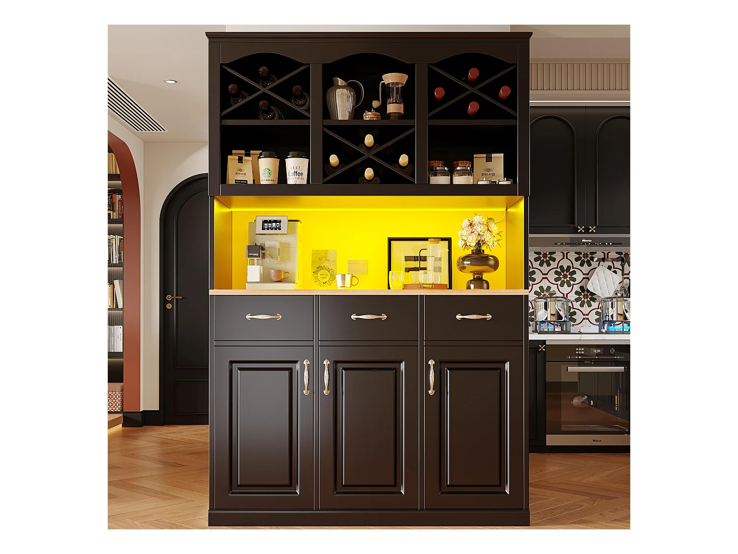 Buffet de cuisine 120x40x180cm - 3 portes + 3 tiroirs - Étagères ouvertes - meuble haut - avec éclairage LED - casier à vin - Noir
