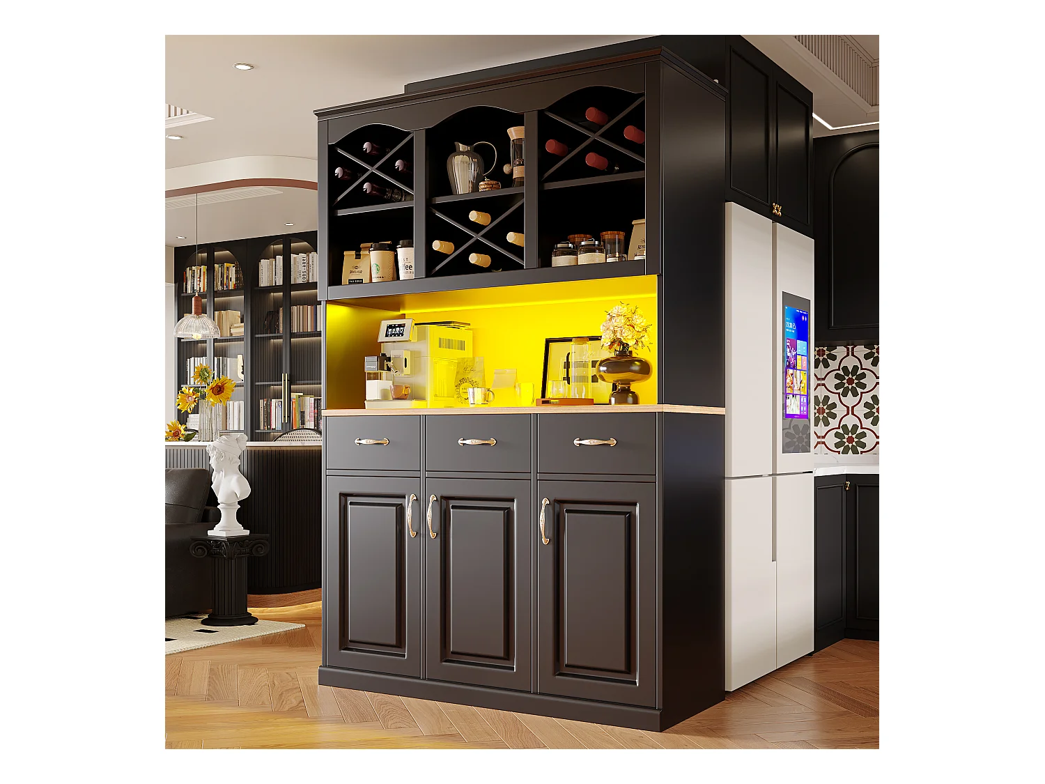 Buffet de cuisine 120x40x180cm - 3 portes + 3 tiroirs - Étagères ouvertes - meuble haut - avec éclairage LED - casier à vin - Noir
