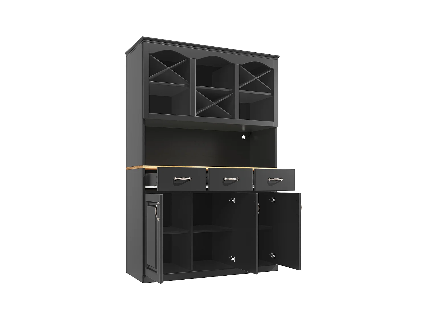 Hochschrank Küche 120x40x180cm - 3 Türen + 3 Schubladen - Offene Ablagefächer - Hochschrank - Mit LED-Beleuchtung - Weinregal - Schwarz