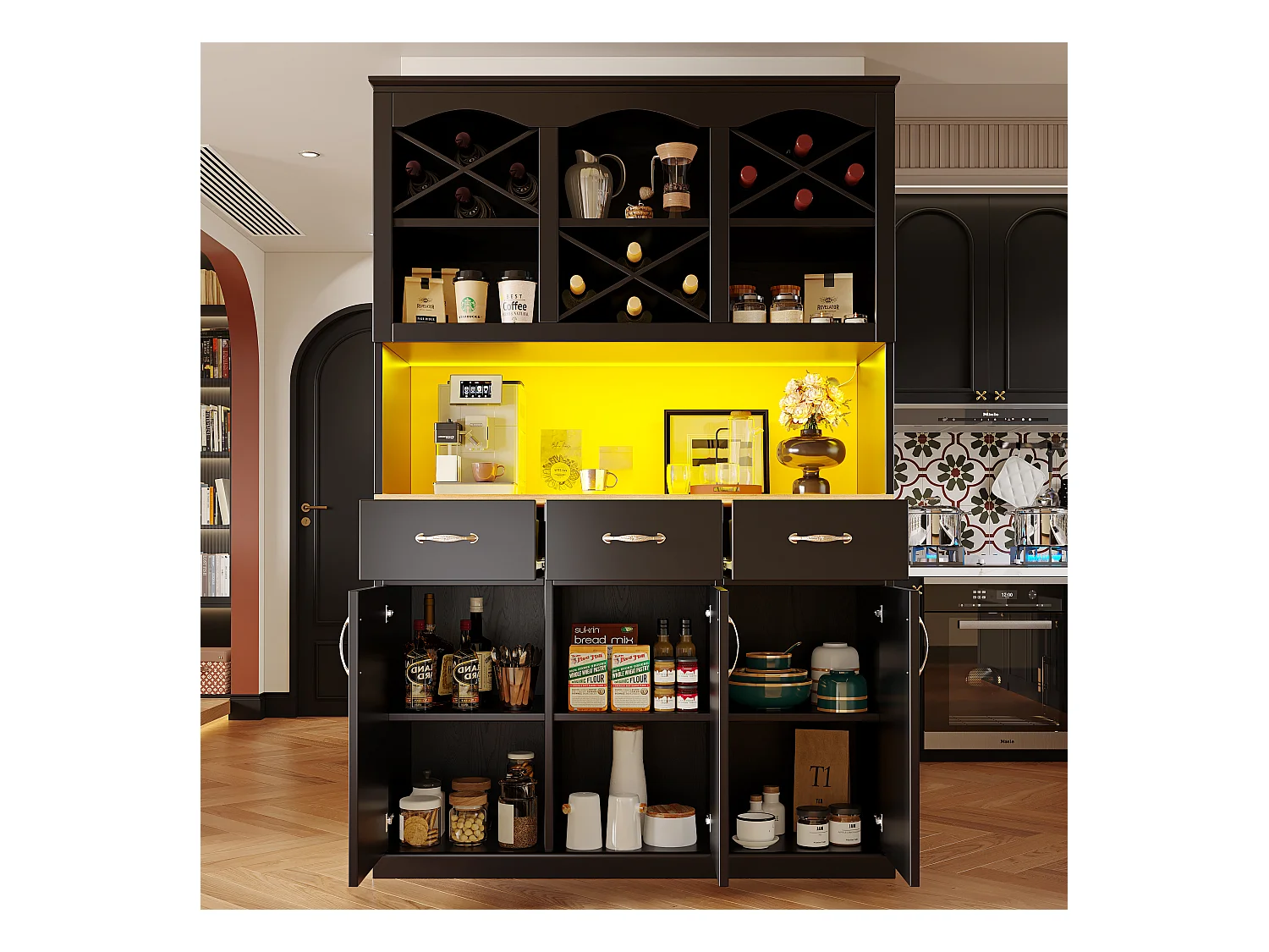 Hochschrank Küche 120x40x180cm - 3 Türen + 3 Schubladen - Offene Ablagefächer - Hochschrank - Mit LED-Beleuchtung - Weinregal - Schwarz