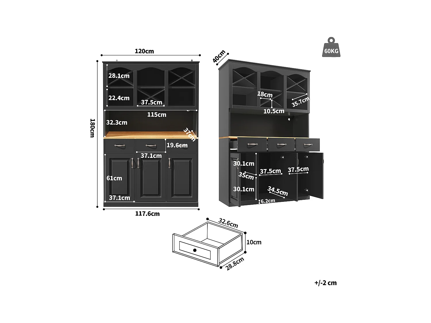 Hochschrank Küche 120x40x180cm - 3 Türen + 3 Schubladen - Offene Ablagefächer - Hochschrank - Mit LED-Beleuchtung - Weinregal - Schwarz