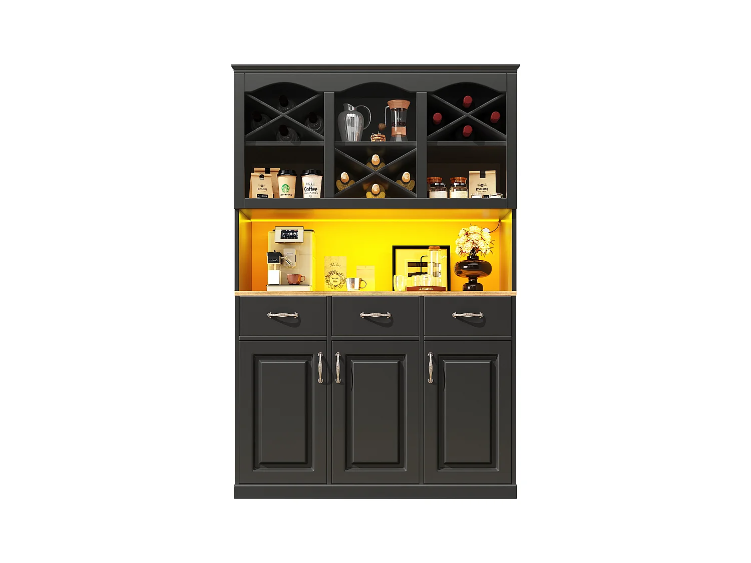 Hochschrank Küche 120x40x180cm - 3 Türen + 3 Schubladen - Offene Ablagefächer - Hochschrank - Mit LED-Beleuchtung - Weinregal - Schwarz