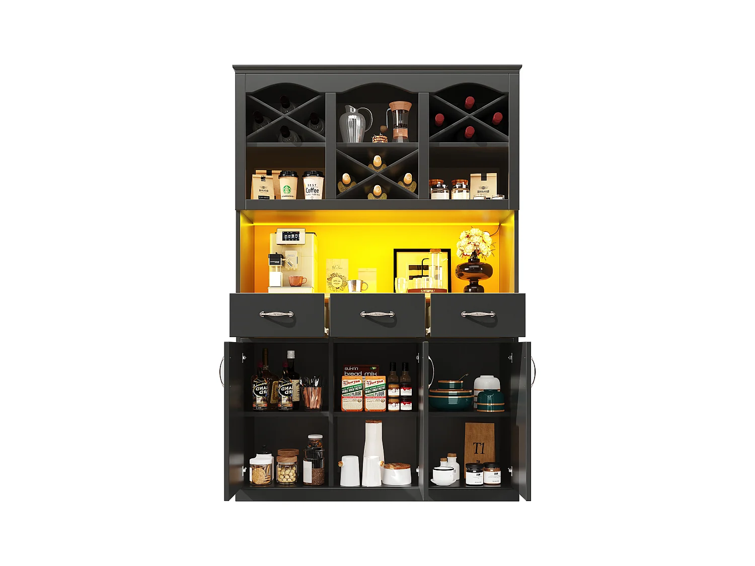 Hochschrank Küche 120x40x180cm - 3 Türen + 3 Schubladen - Offene Ablagefächer - Hochschrank - Mit LED-Beleuchtung - Weinregal - Schwarz