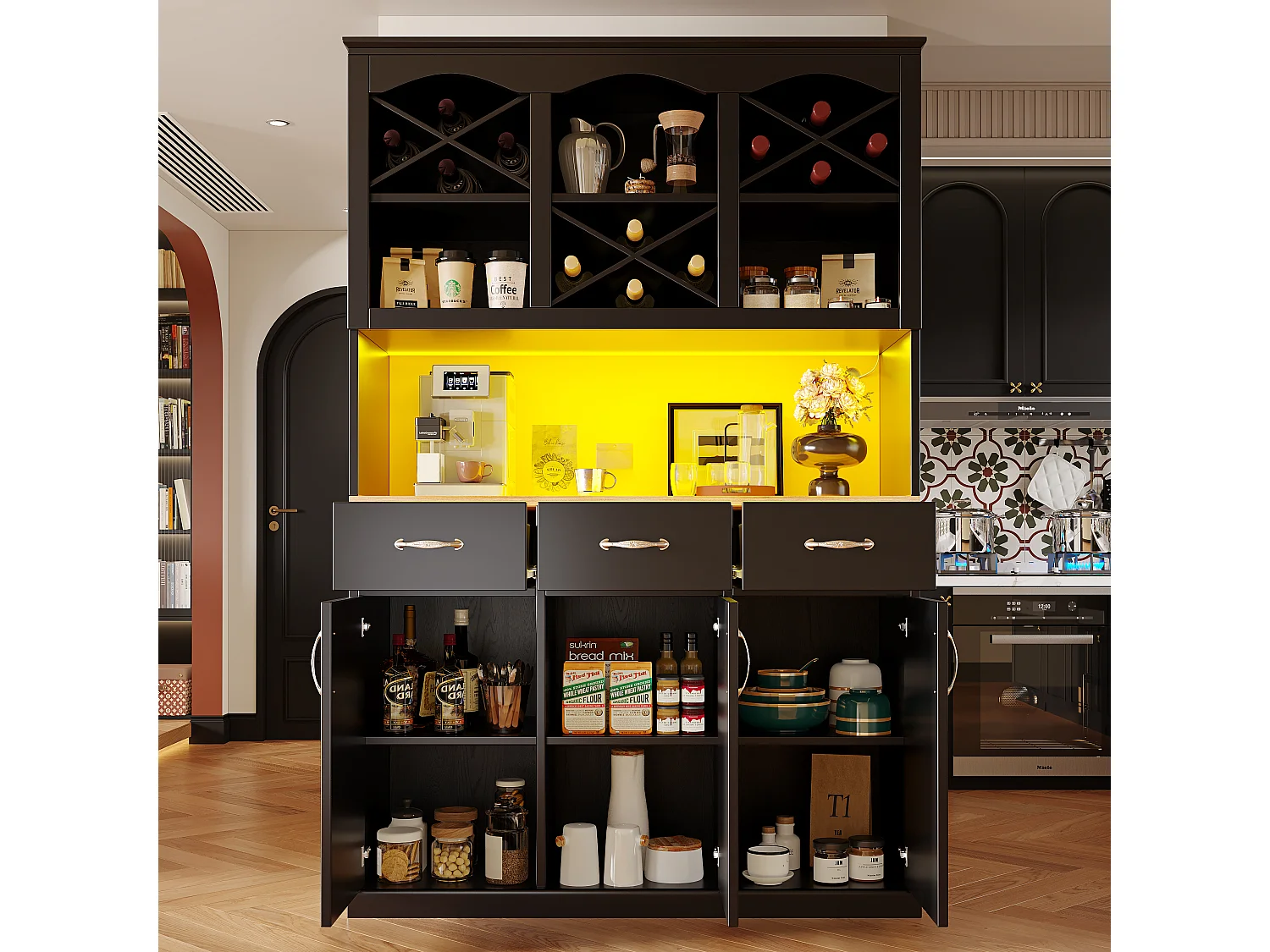 Buffet de cuisine 120x40x180cm - 3 portes + 3 tiroirs - Étagères ouvertes - meuble haut - avec éclairage LED - casier à vin - Noir