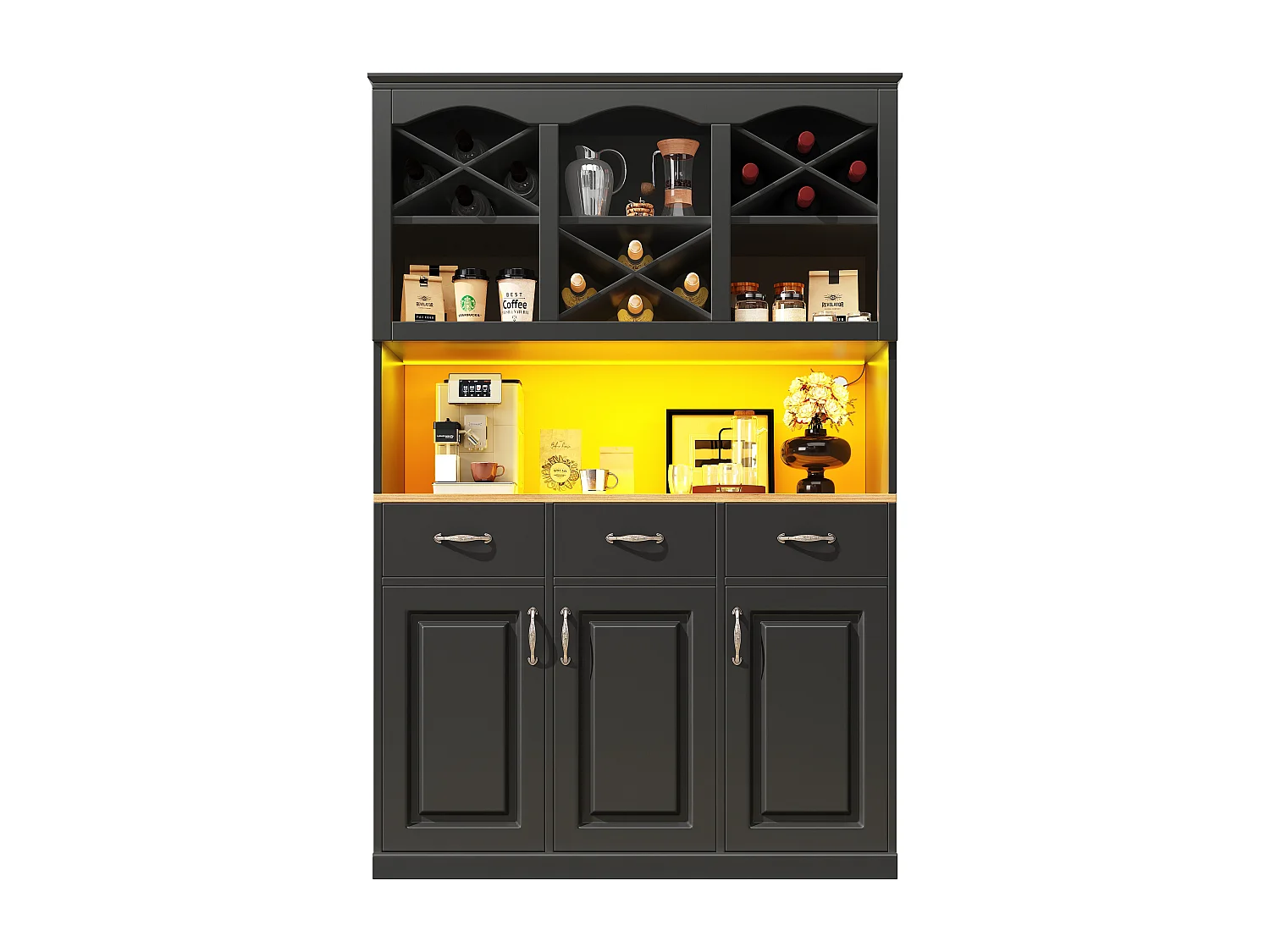 Buffet de cuisine 120x40x180cm - 3 portes + 3 tiroirs - Étagères ouvertes - meuble haut - avec éclairage LED - casier à vin - Noir