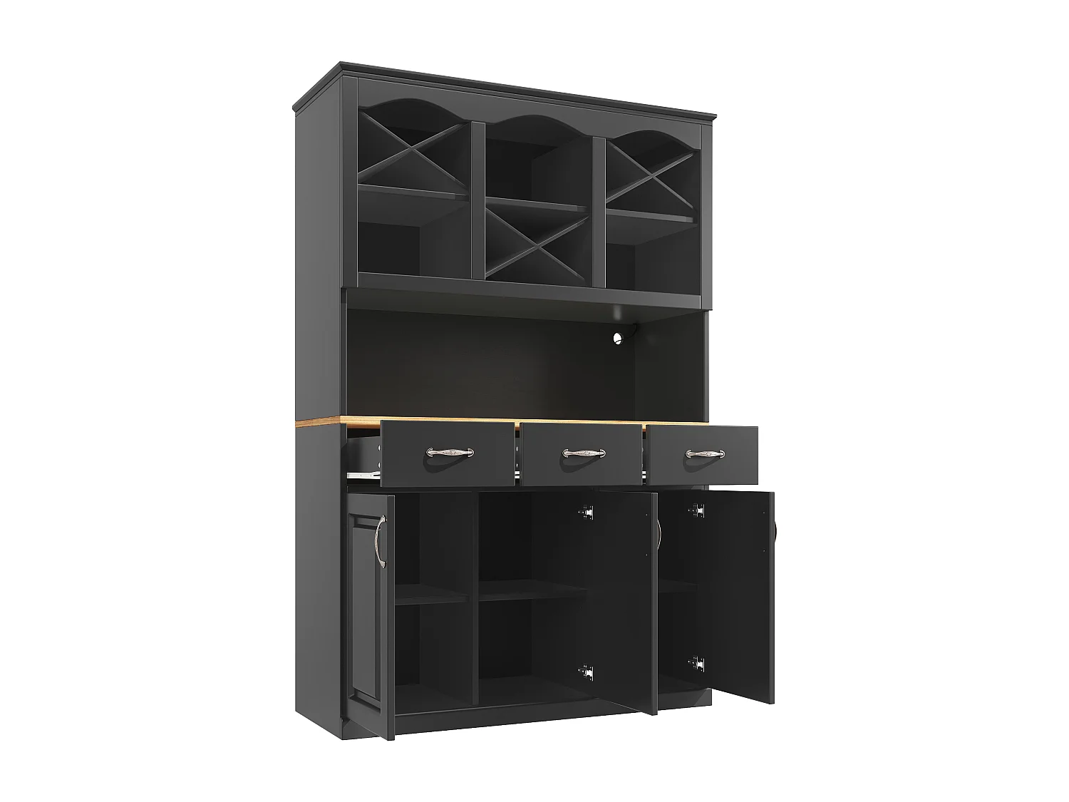 Buffet de cuisine 120x40x180cm - 3 portes + 3 tiroirs - Étagères ouvertes - meuble haut - avec éclairage LED - casier à vin - Noir