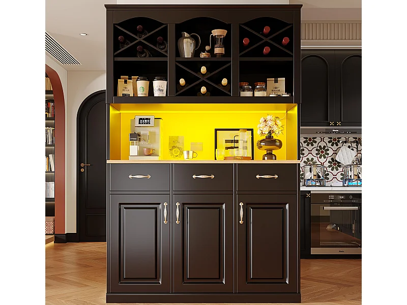 Mobile alto cucina 120x40x180cm - 3 ante + 3 cassetti - Scaffali aperti - Mobile alto - Con illuminazione LED - Portabottiglie - Nero