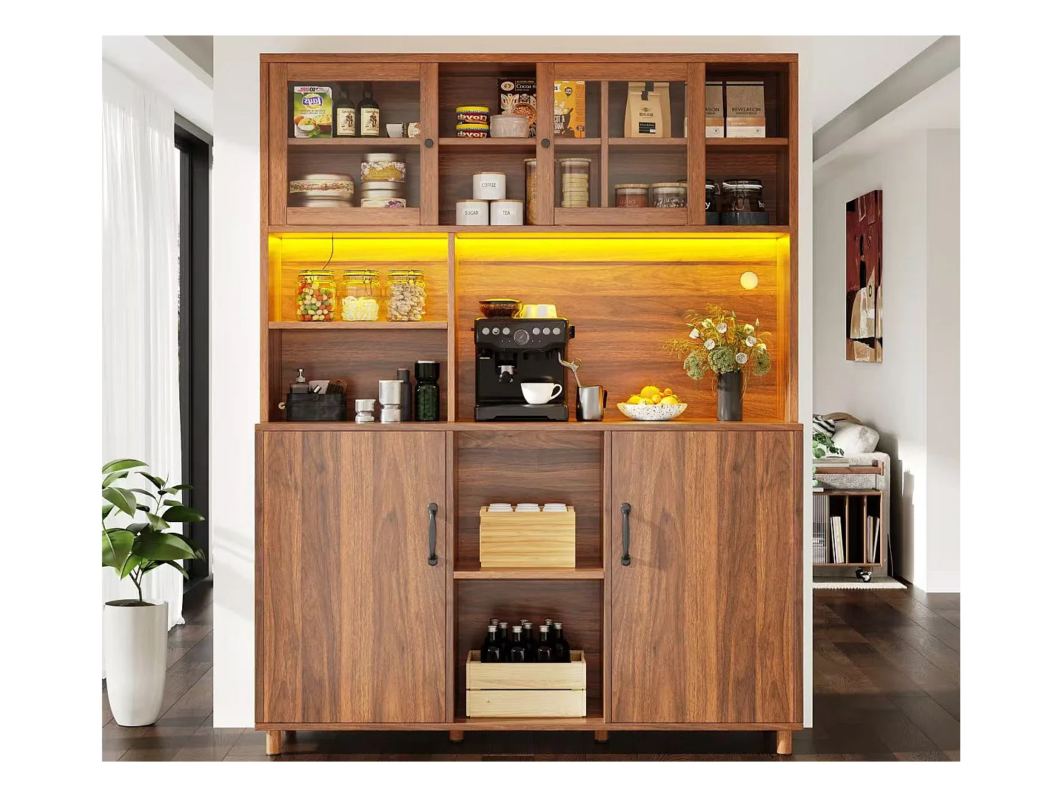 Buffet de cuisine 120x40x185cm - 2 portes - avec éclairage LED - meuble haut - buffet polyvalent - Marron