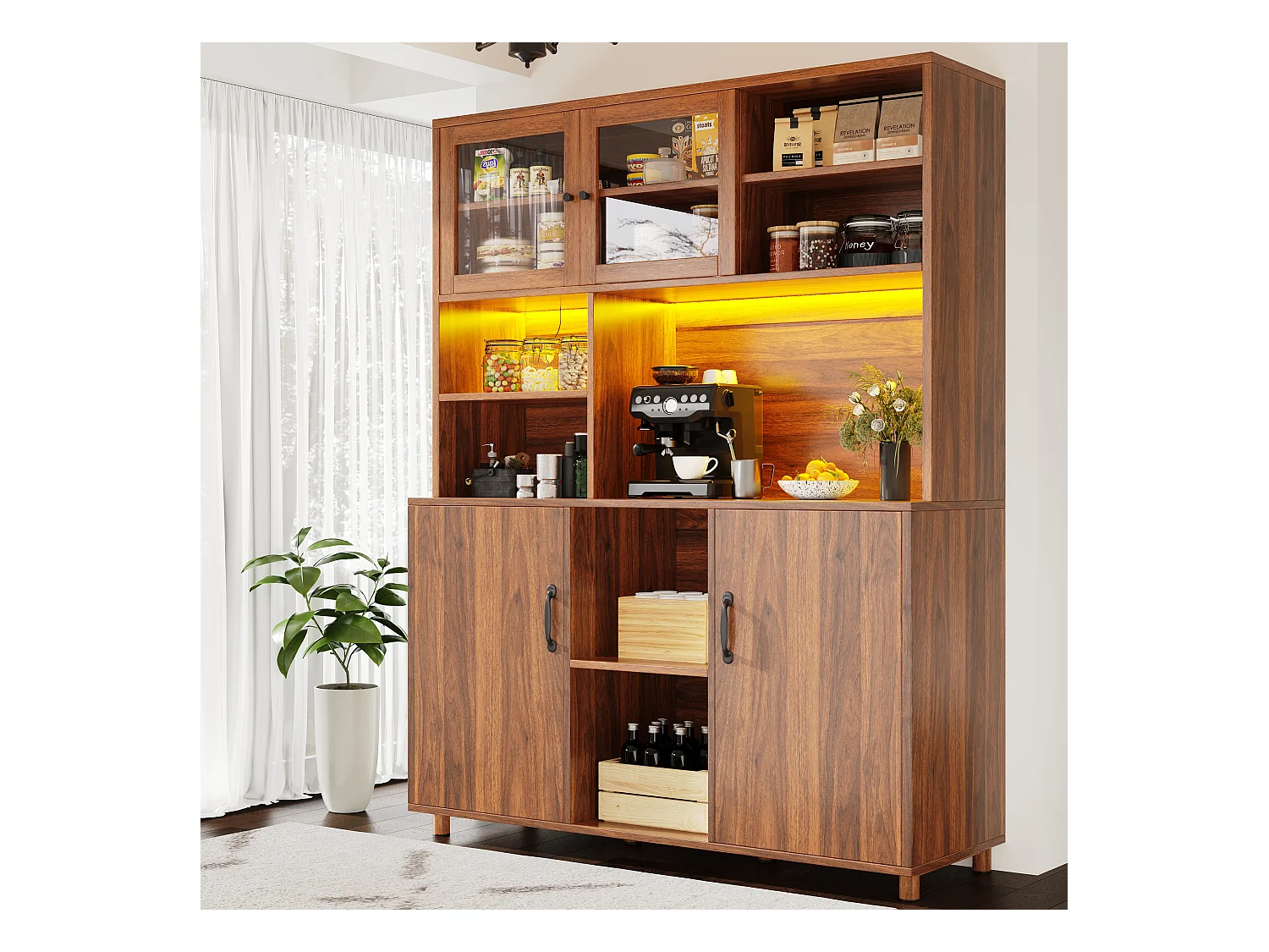 Buffet de cuisine 120x40x185cm - 2 portes - avec éclairage LED - meuble haut - buffet polyvalent - Marron