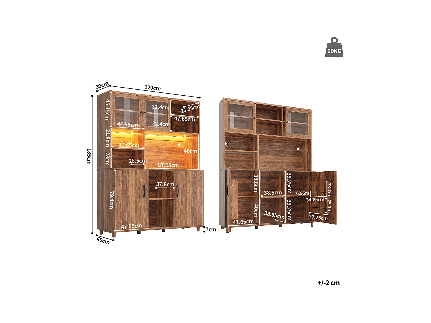 Buffet de cuisine 120x40x185cm - 2 portes - avec éclairage LED - meuble haut - buffet polyvalent - Marron