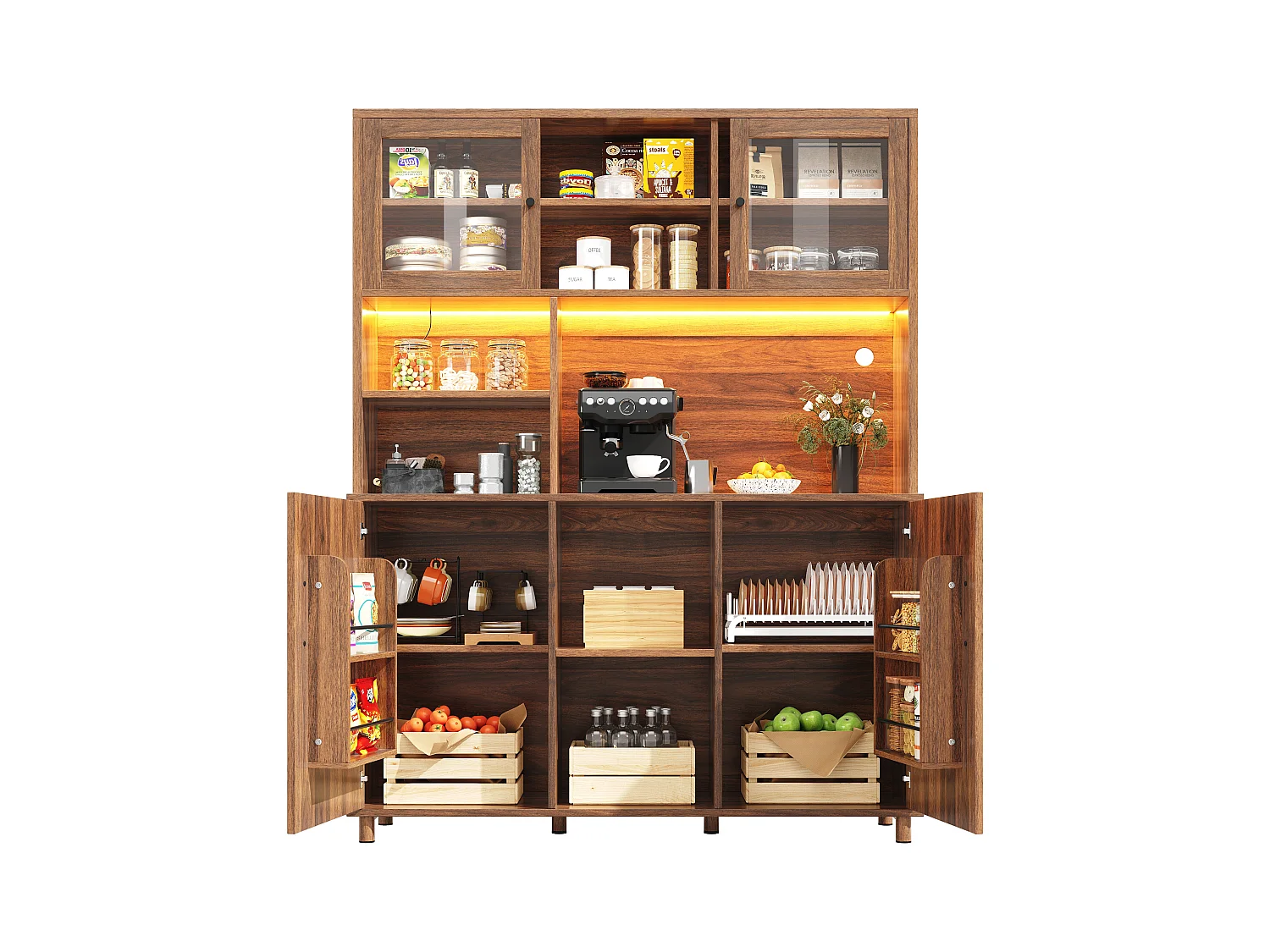 Buffet de cuisine 120x40x185cm - 2 portes - avec éclairage LED - meuble haut - buffet polyvalent - Marron