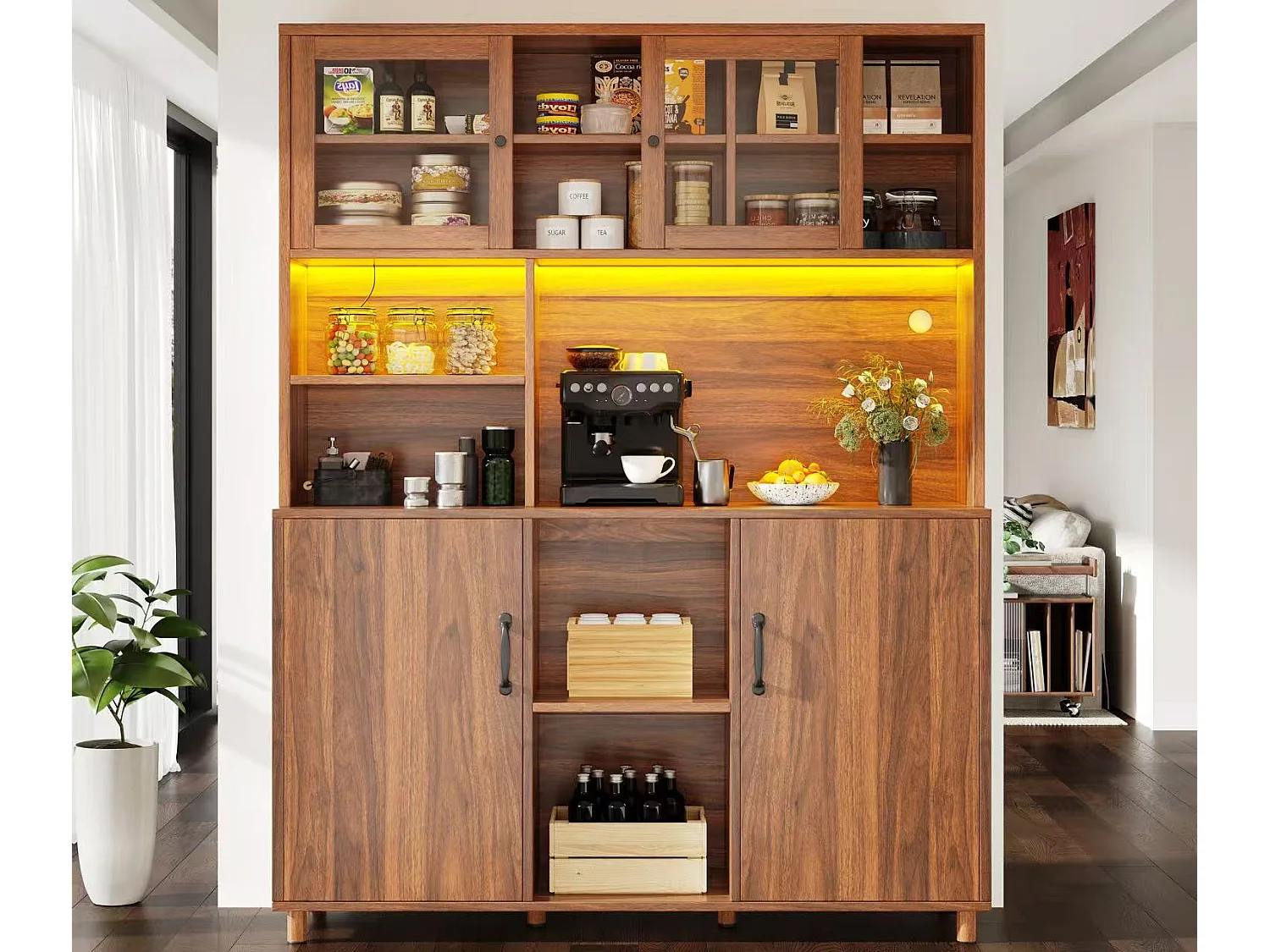 Buffet de cuisine 120x40x185cm - 2 portes - avec éclairage LED - meuble haut - buffet polyvalent - Marron