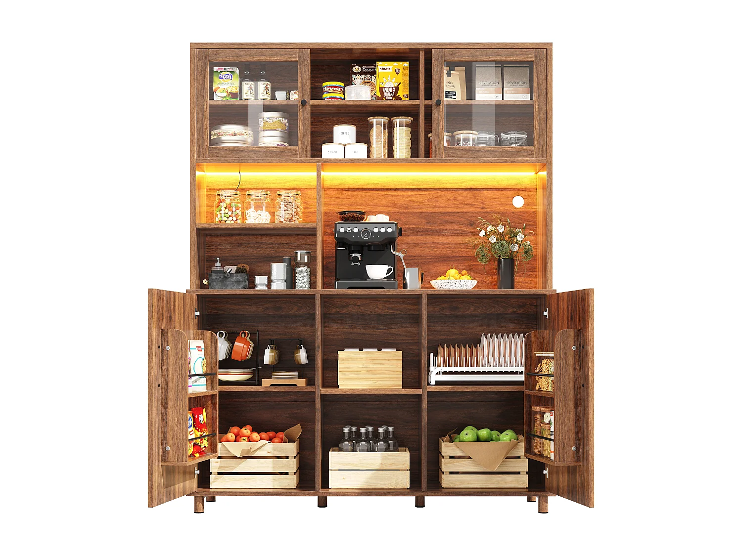 Buffet de cuisine 120x40x185cm - 2 portes - avec éclairage LED - meuble haut - buffet polyvalent - Marron