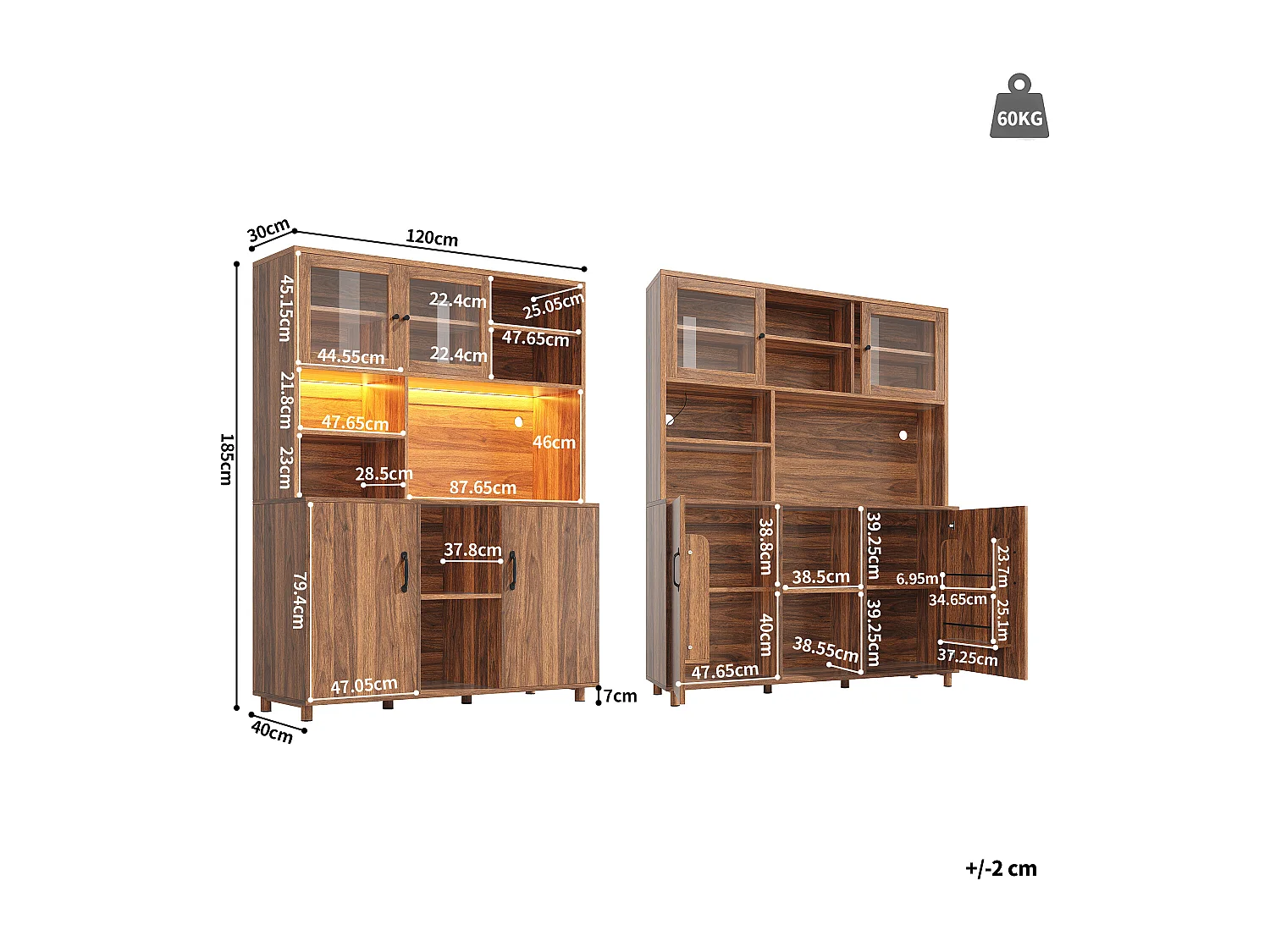 Buffet de cuisine 120x40x185cm - 2 portes - avec éclairage LED - meuble haut - buffet polyvalent - Marron