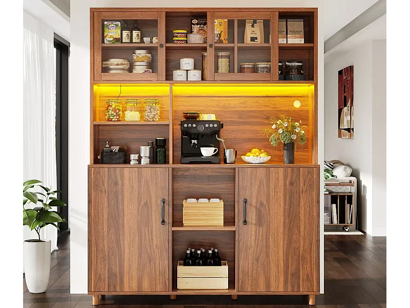 Armário alto de cozinha 120x40x185cm - 2 portas - com iluminação LED - móvel alto - buffet versátil - ​​Marrom​