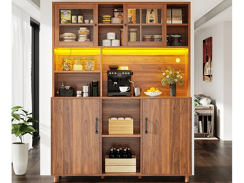 Buffet de cuisine 140x40x185cm - 2 portes - avec éclairage LED - meuble haut - buffet polyvalent - Marron