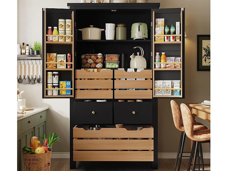 Küchenbuffet 80x40x140cm - 2 Türen + 2 Schubladen - Mit abnehmbarem braunen Snackkorb - Schwarz