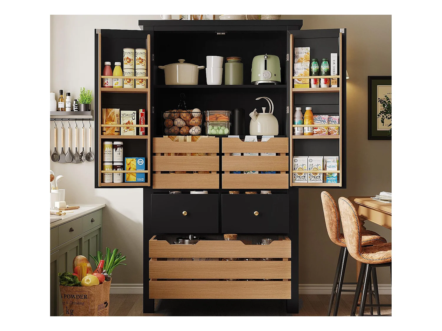 Buffet de cuisine 80x40x140cm - 2 portes + 2 tiroirs - avec panier à collation amovible marron - Noir