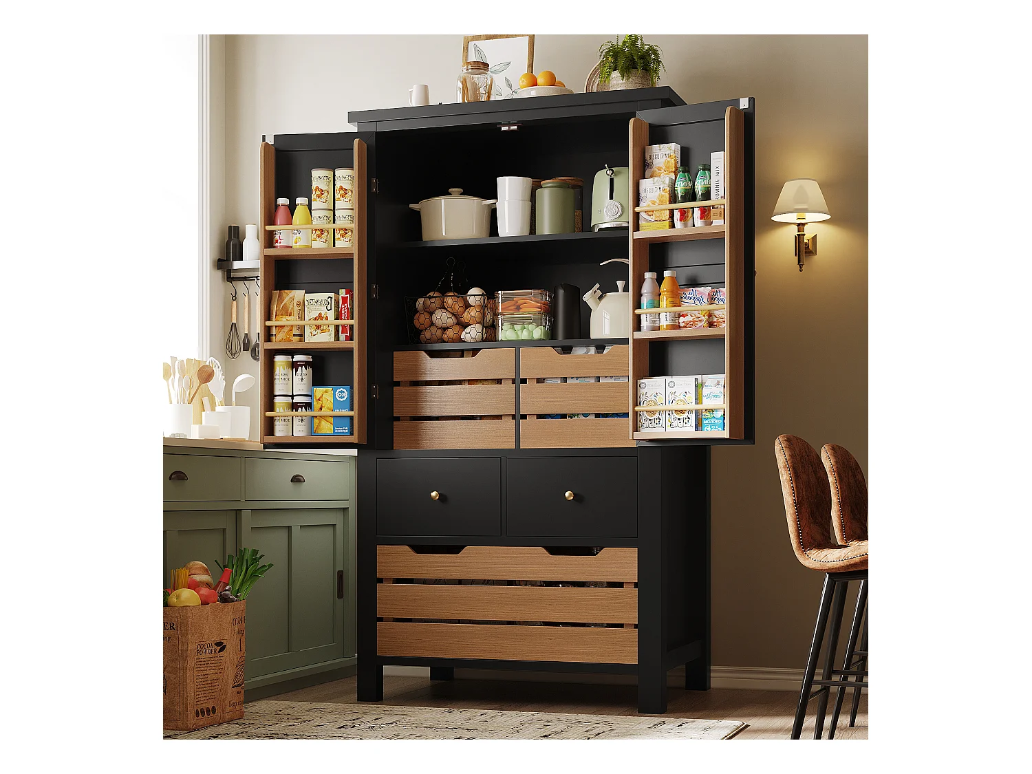 Buffet de cuisine 80x40x140cm - 2 portes + 2 tiroirs - avec panier à collation amovible marron - Noir