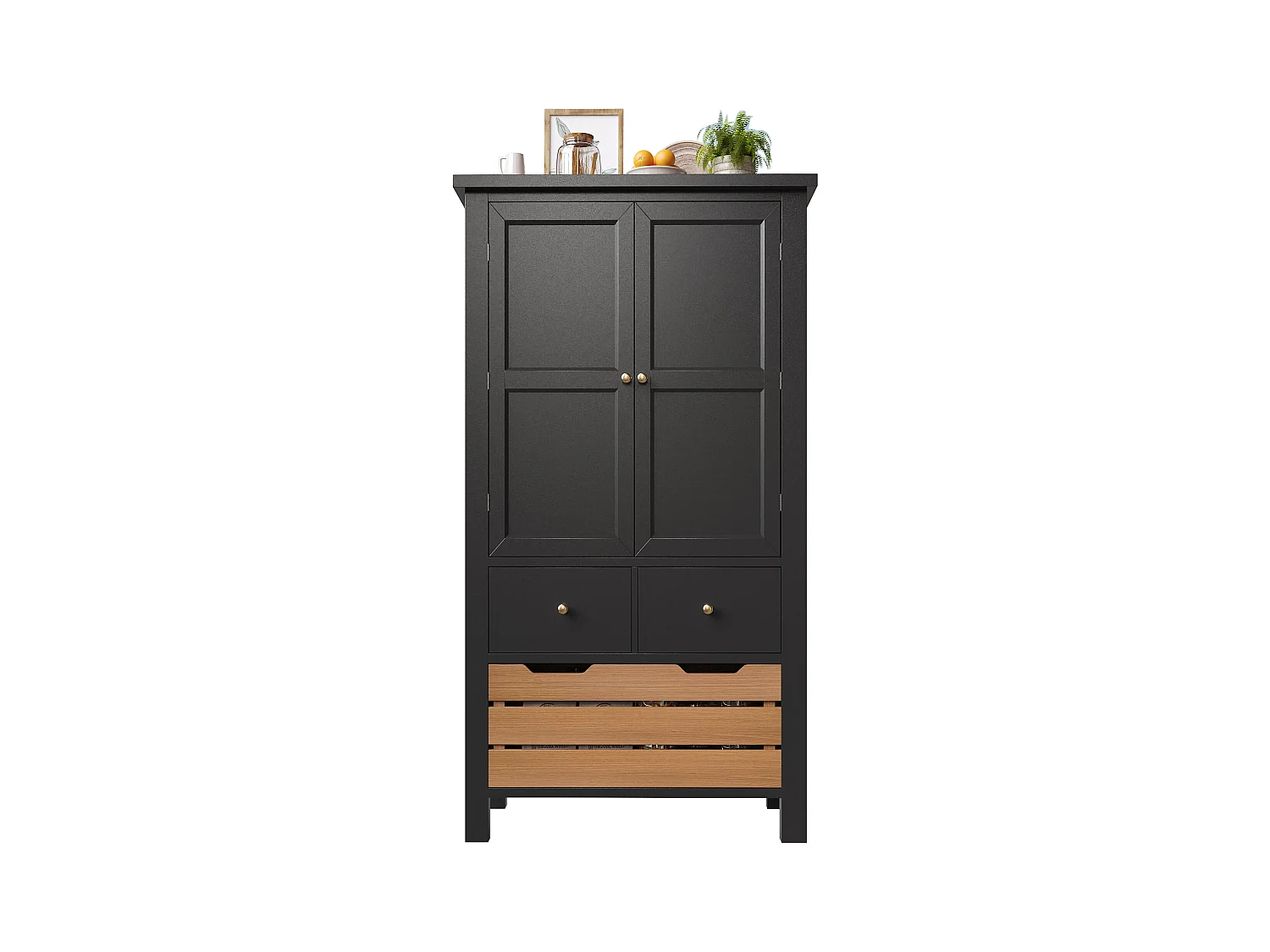 Küchenbuffet 80x40x140cm - 2 Türen + 2 Schubladen - Mit abnehmbarem braunen Snackkorb - Schwarz