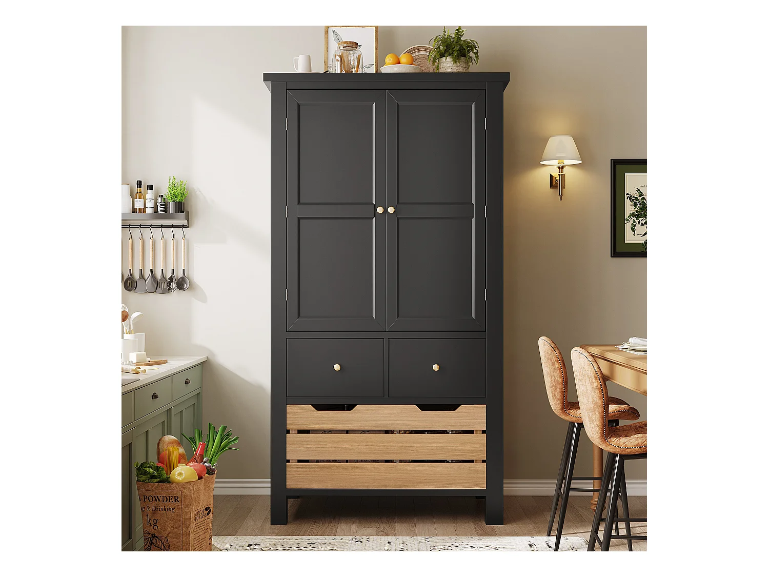 Küchenbuffet 80x40x140cm - 2 Türen + 2 Schubladen - Mit abnehmbarem braunen Snackkorb - Schwarz