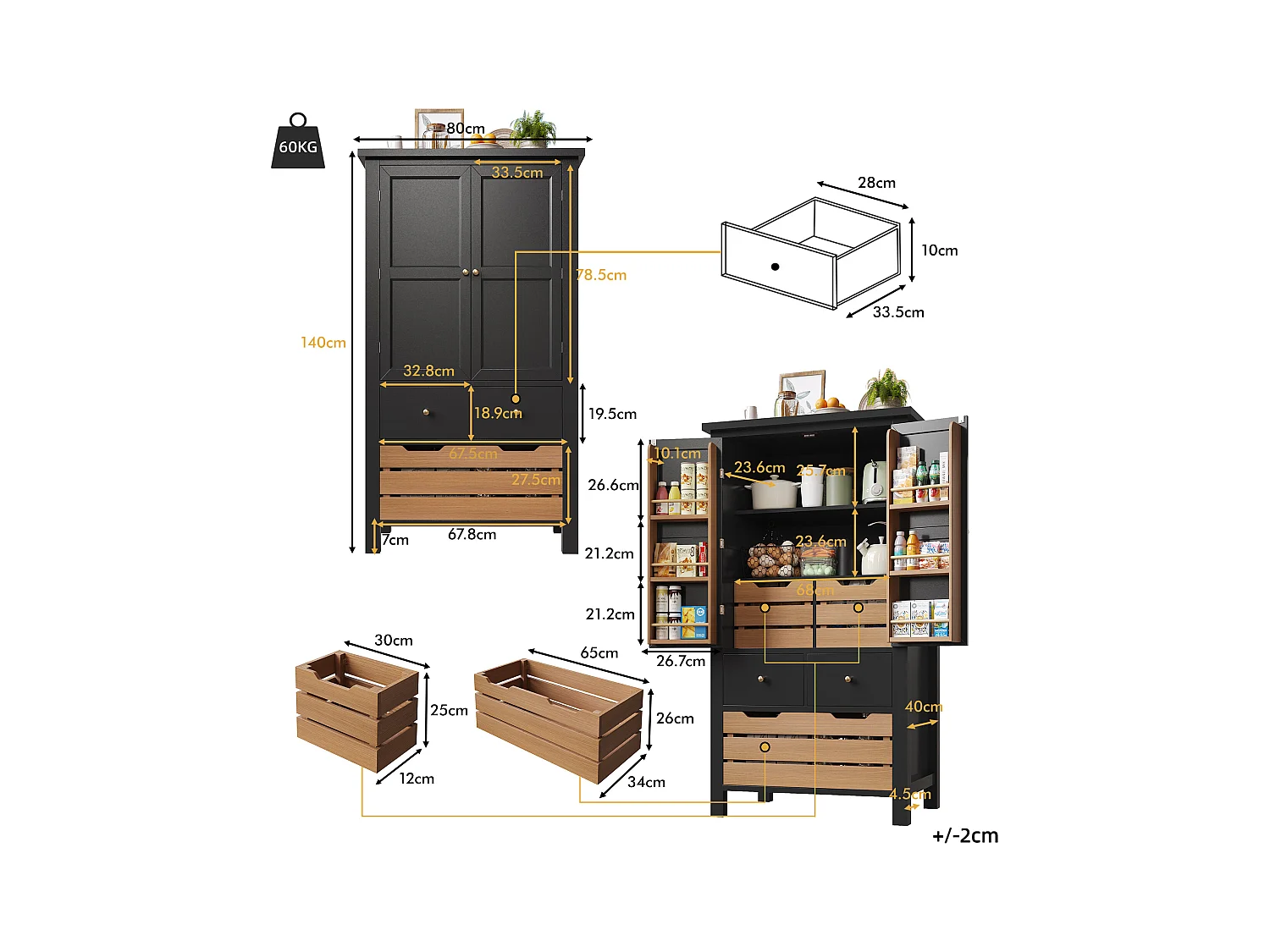 Küchenbuffet 80x40x140cm - 2 Türen + 2 Schubladen - Mit abnehmbarem braunen Snackkorb - Schwarz