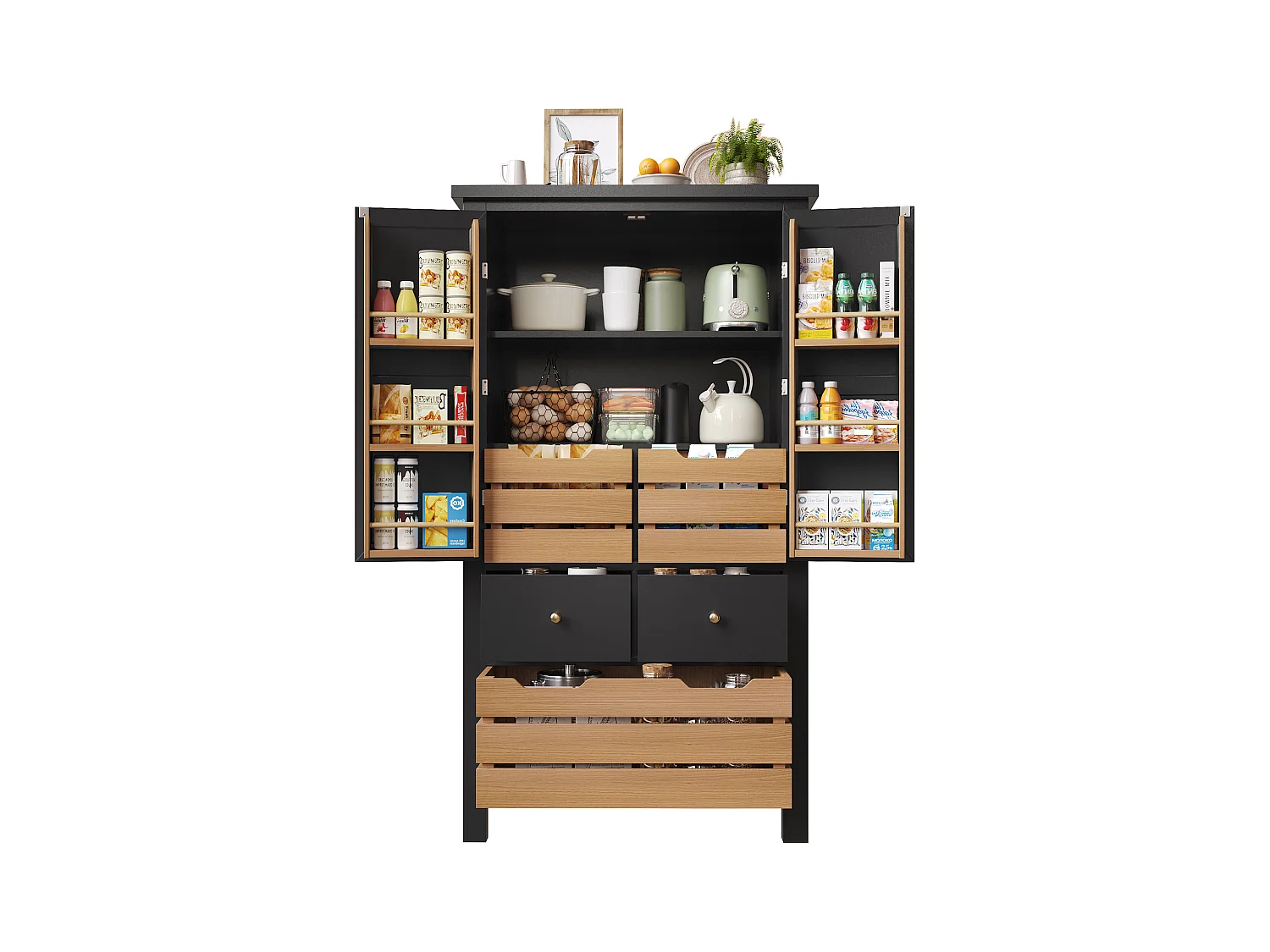Küchenbuffet 80x40x140cm - 2 Türen + 2 Schubladen - Mit abnehmbarem braunen Snackkorb - Schwarz