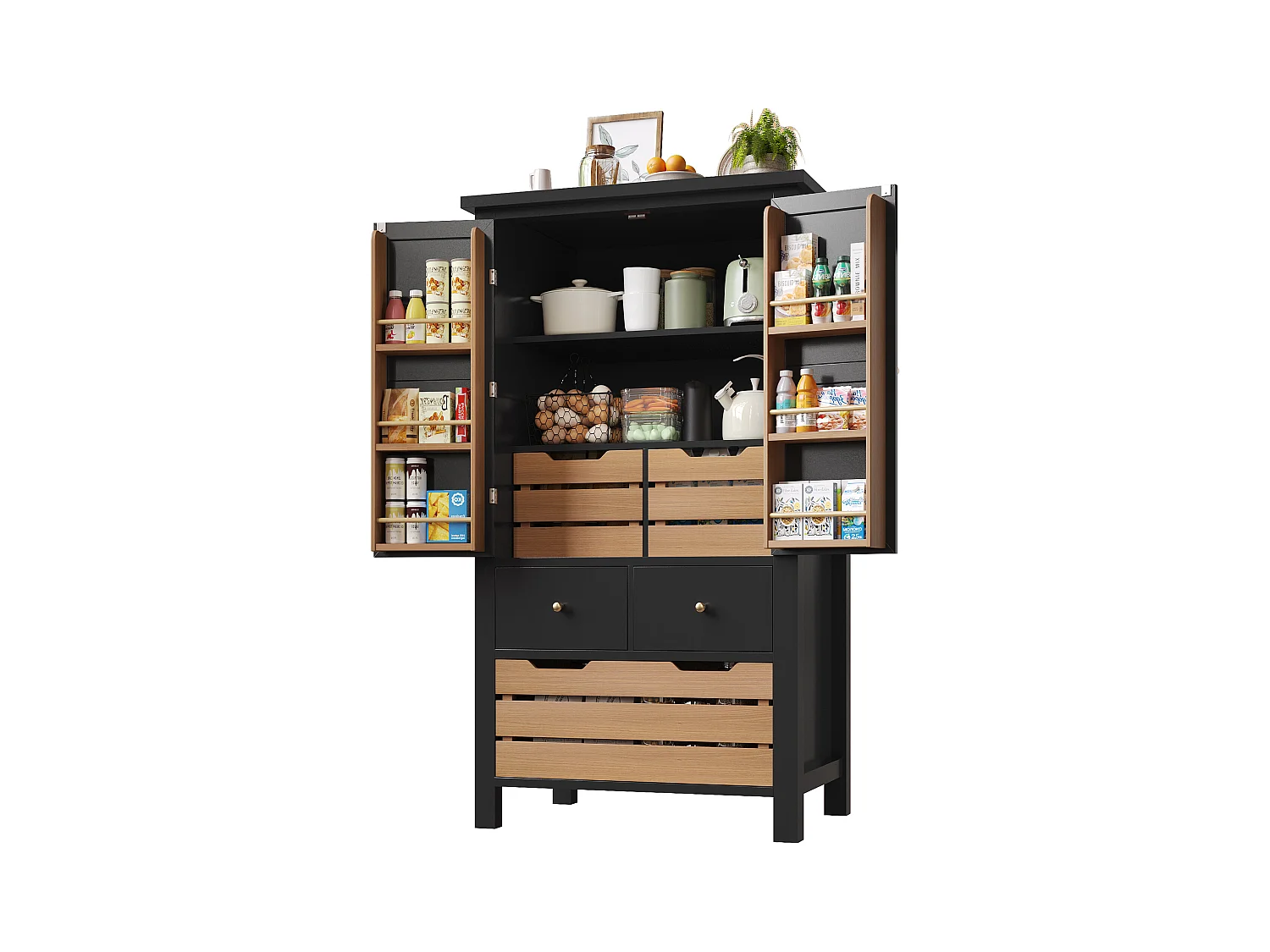 Küchenbuffet 80x40x140cm - 2 Türen + 2 Schubladen - Mit abnehmbarem braunen Snackkorb - Schwarz