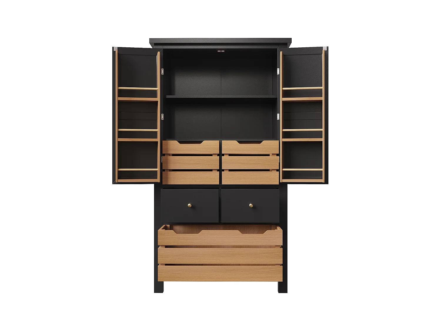 Küchenbuffet 80x40x140cm - 2 Türen + 2 Schubladen - Mit abnehmbarem braunen Snackkorb - Schwarz