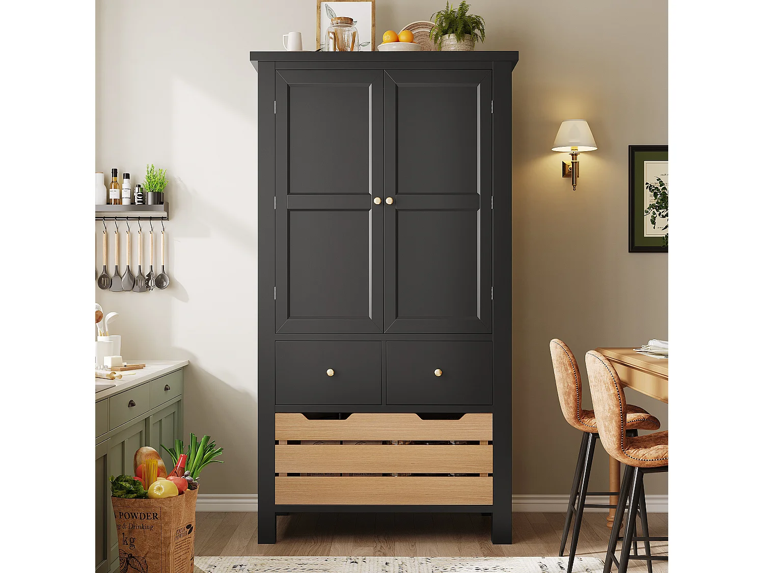 Buffet de cuisine 80x40x140cm - 2 portes + 2 tiroirs - avec panier à collation amovible marron - Noir