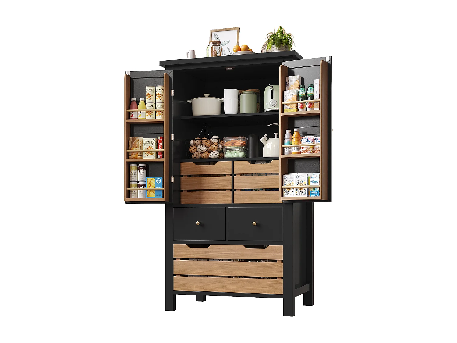 Buffet de cuisine 80x40x140cm - 2 portes + 2 tiroirs - avec panier à collation amovible marron - Noir