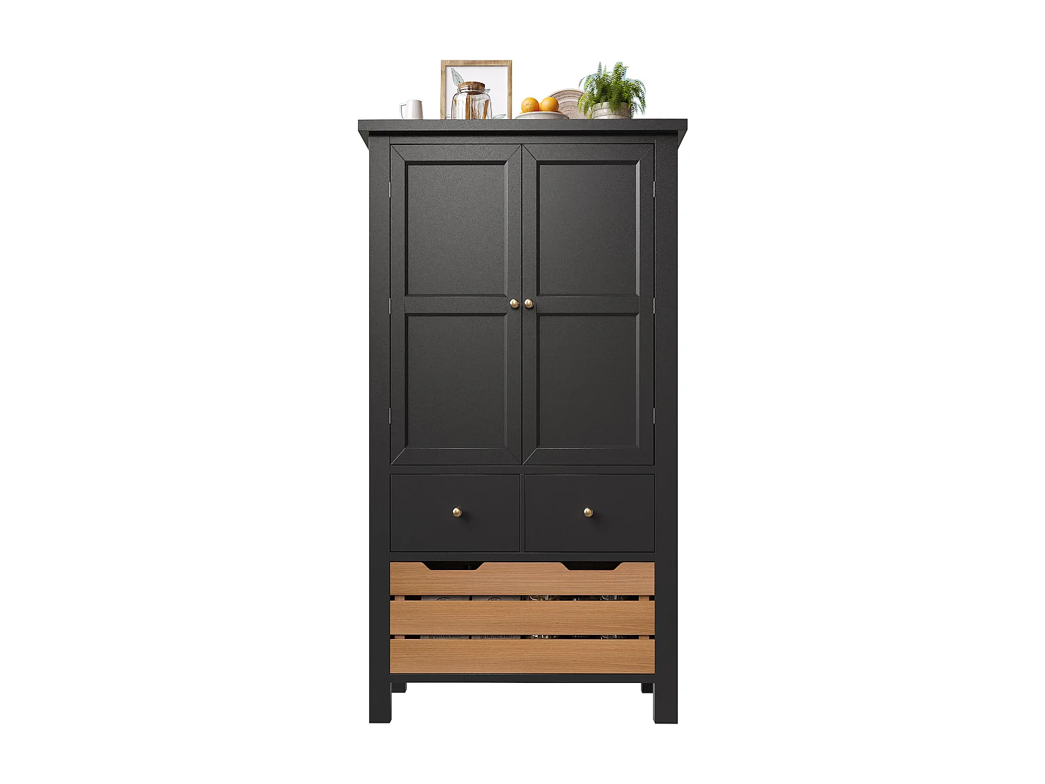 Buffet de cuisine 80x40x140cm - 2 portes + 2 tiroirs - avec panier à collation amovible marron - Noir