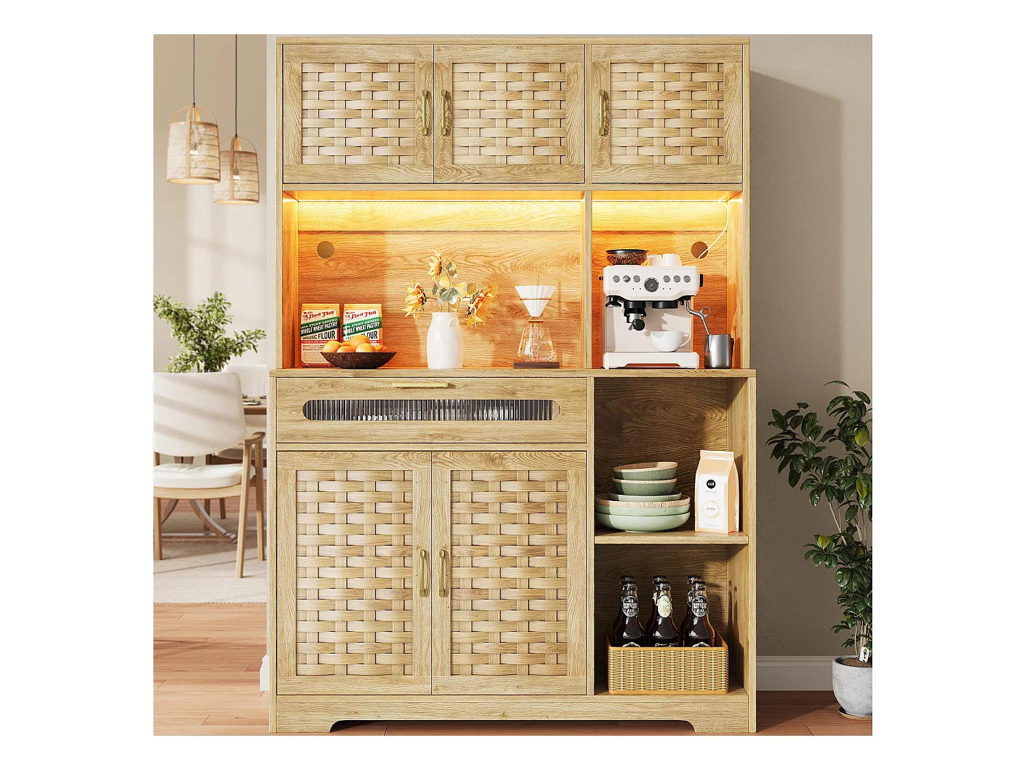 Buffet de cuisine 120x40x180cm - 5 portes + 1 tiroir - LED - meuble haut - buffet polyvalent - Décoration en rotin - Naturel