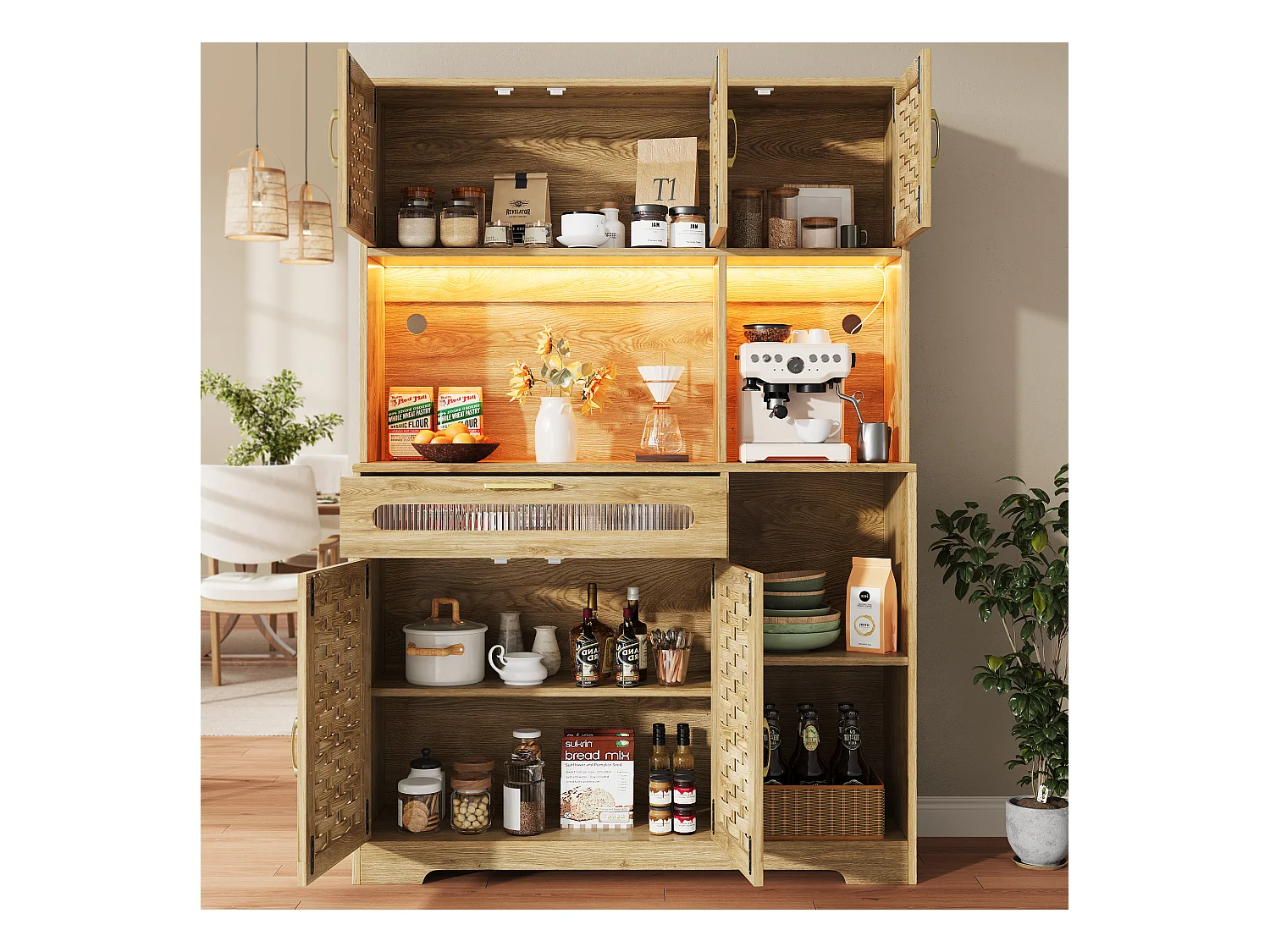 Buffet de cuisine 120x40x180cm - 5 portes + 1 tiroir - LED - meuble haut - buffet polyvalent - Décoration en rotin - Naturel