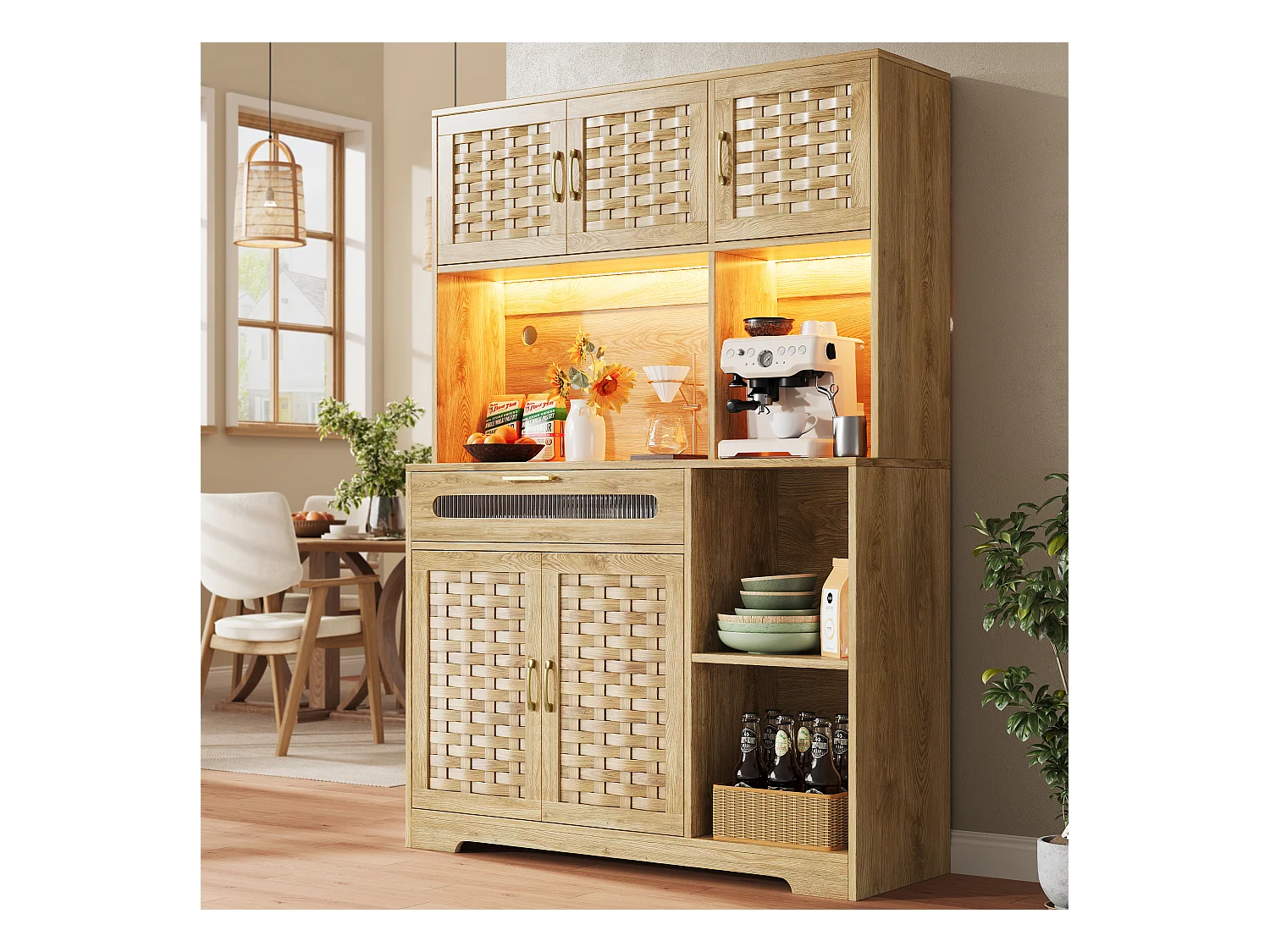 Buffet de cuisine 120x40x180cm - 5 portes + 1 tiroir - LED - meuble haut - buffet polyvalent - Décoration en rotin - Naturel