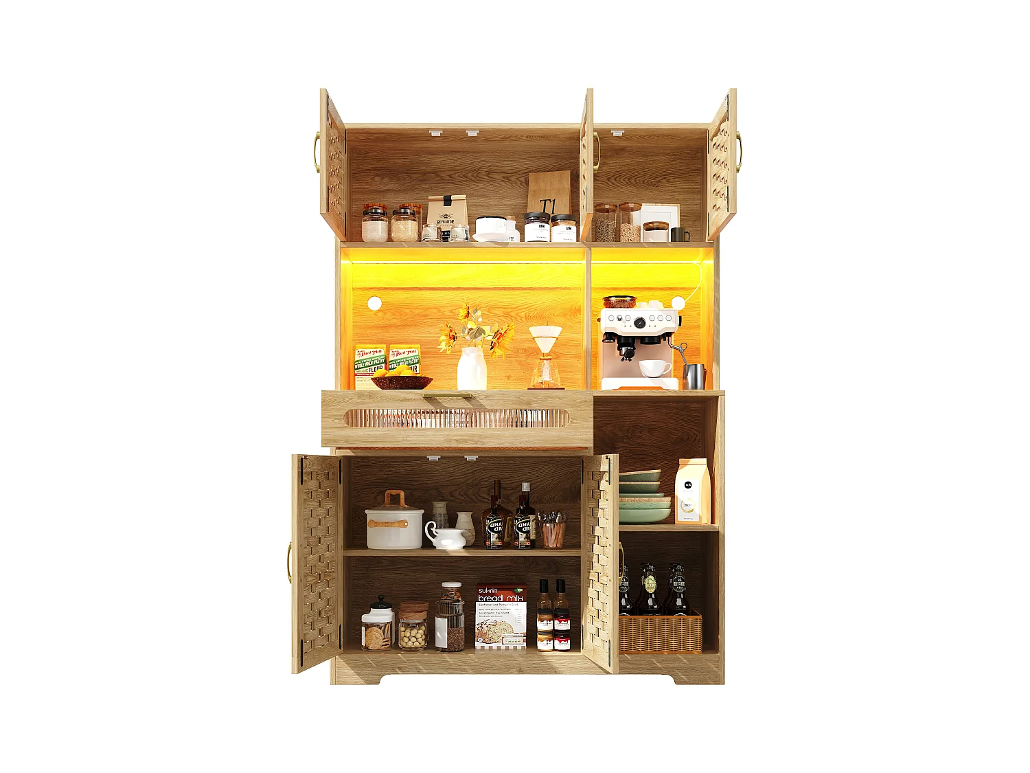 Buffet de cuisine 120x40x180cm - 5 portes + 1 tiroir - LED - meuble haut - buffet polyvalent - Décoration en rotin - Naturel