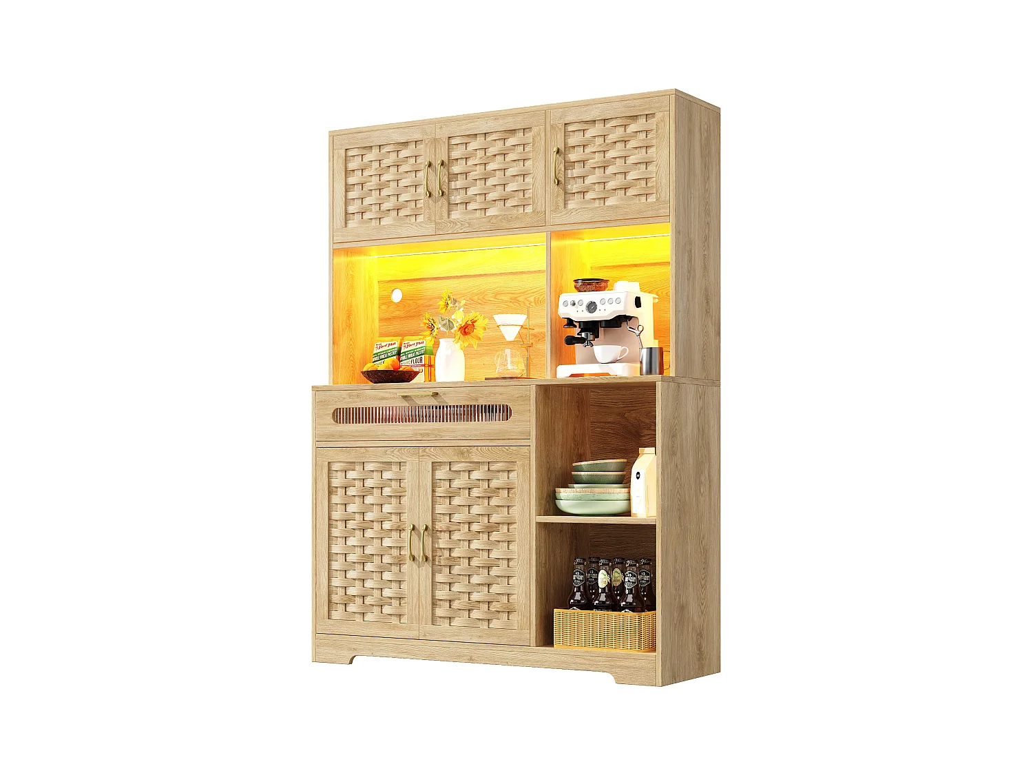 Buffet de cuisine 120x40x180cm - 5 portes + 1 tiroir - LED - meuble haut - buffet polyvalent - Décoration en rotin - Naturel