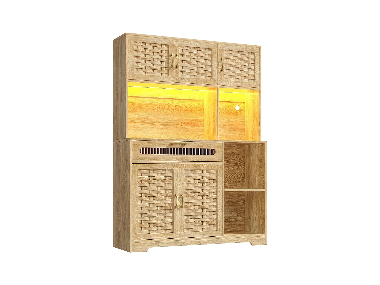 Buffet de cuisine 120x40x180cm - 5 portes + 1 tiroir - LED - meuble haut - buffet polyvalent - Décoration en rotin - Naturel