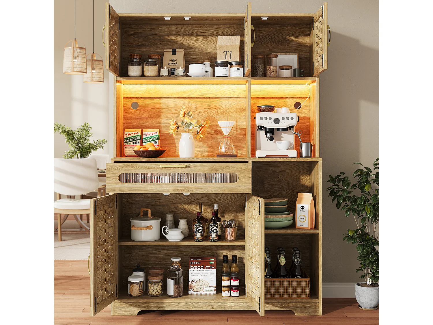 Buffet de cuisine 120x40x180cm - 5 portes + 1 tiroir - LED - meuble haut - buffet polyvalent - Décoration en rotin - Naturel