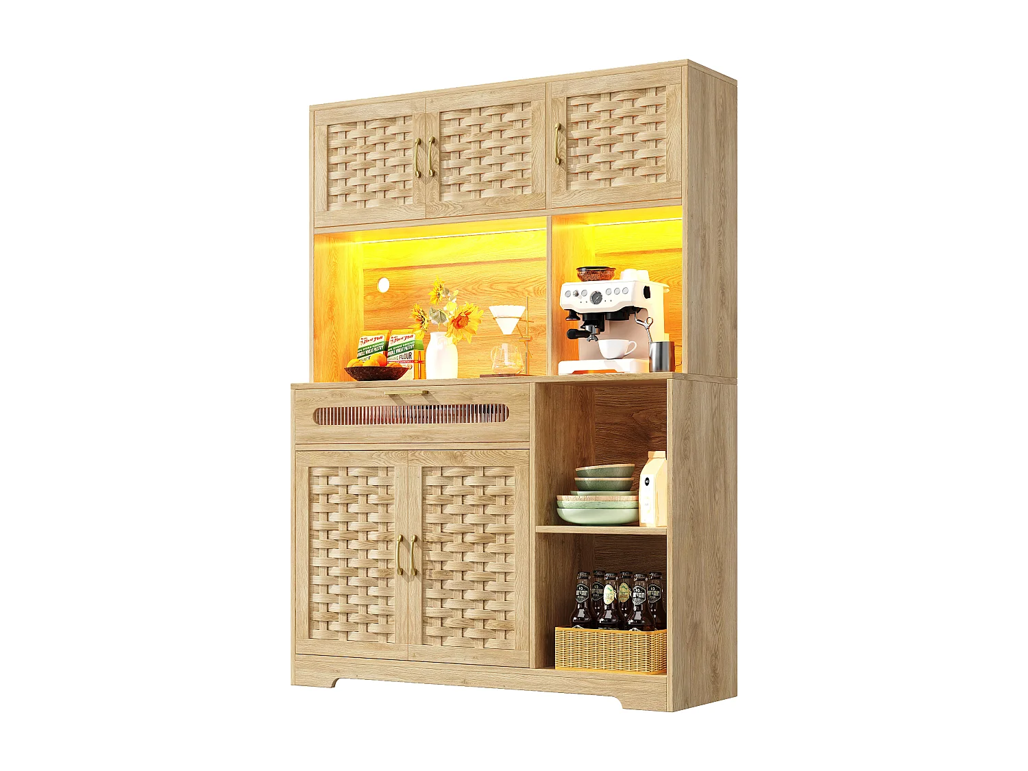 Buffet de cuisine 120x40x180cm - 5 portes + 1 tiroir - LED - meuble haut - buffet polyvalent - Décoration en rotin - Naturel