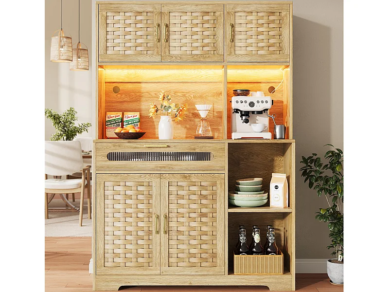 Mobile alto cucina 120x40x180cm - 5 ante + 1 cassetto - LED - Mobile alto - Buffet polivalente - Decorazione in rattan - Naturale