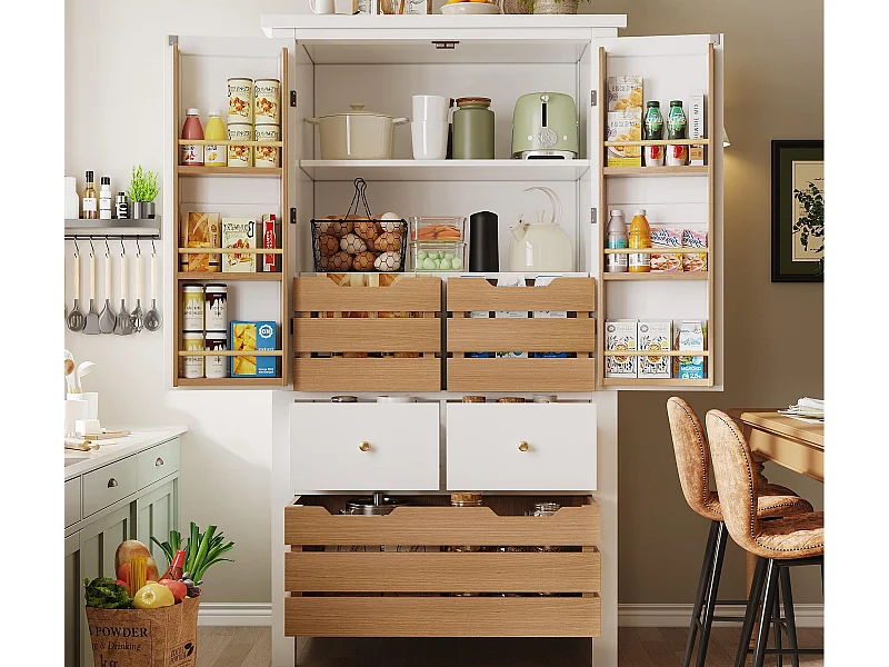 Küchenbuffet 80x40x140cm - 2 Türen + 2 Schubladen - Mit abnehmbarem braunen Snackkorb - ​​Weiß​