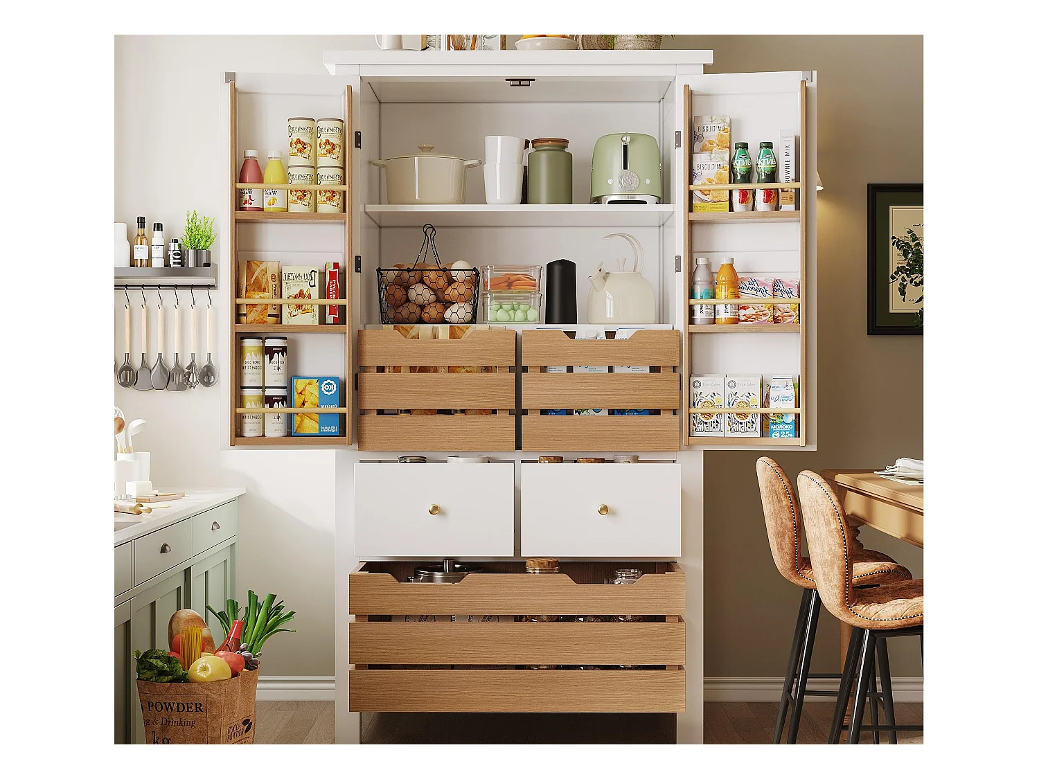 Buffet de cuisine 80x40x140cm - 2 portes + 2 tiroirs - avec panier à collation amovible marron - Blanc